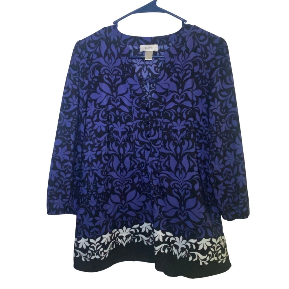 LOFT Purple Black Floral Print V-Neck 3/4 Sleeve Blouse Women's XS
